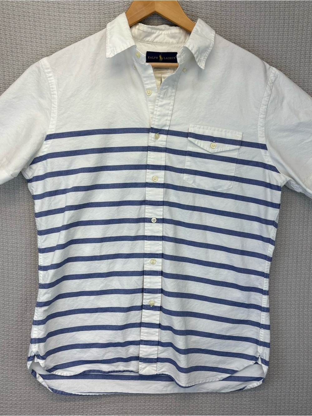Men’s Ralph Lauren Short Sleeve Button Up Shirt White Blue Striped Nautical L
